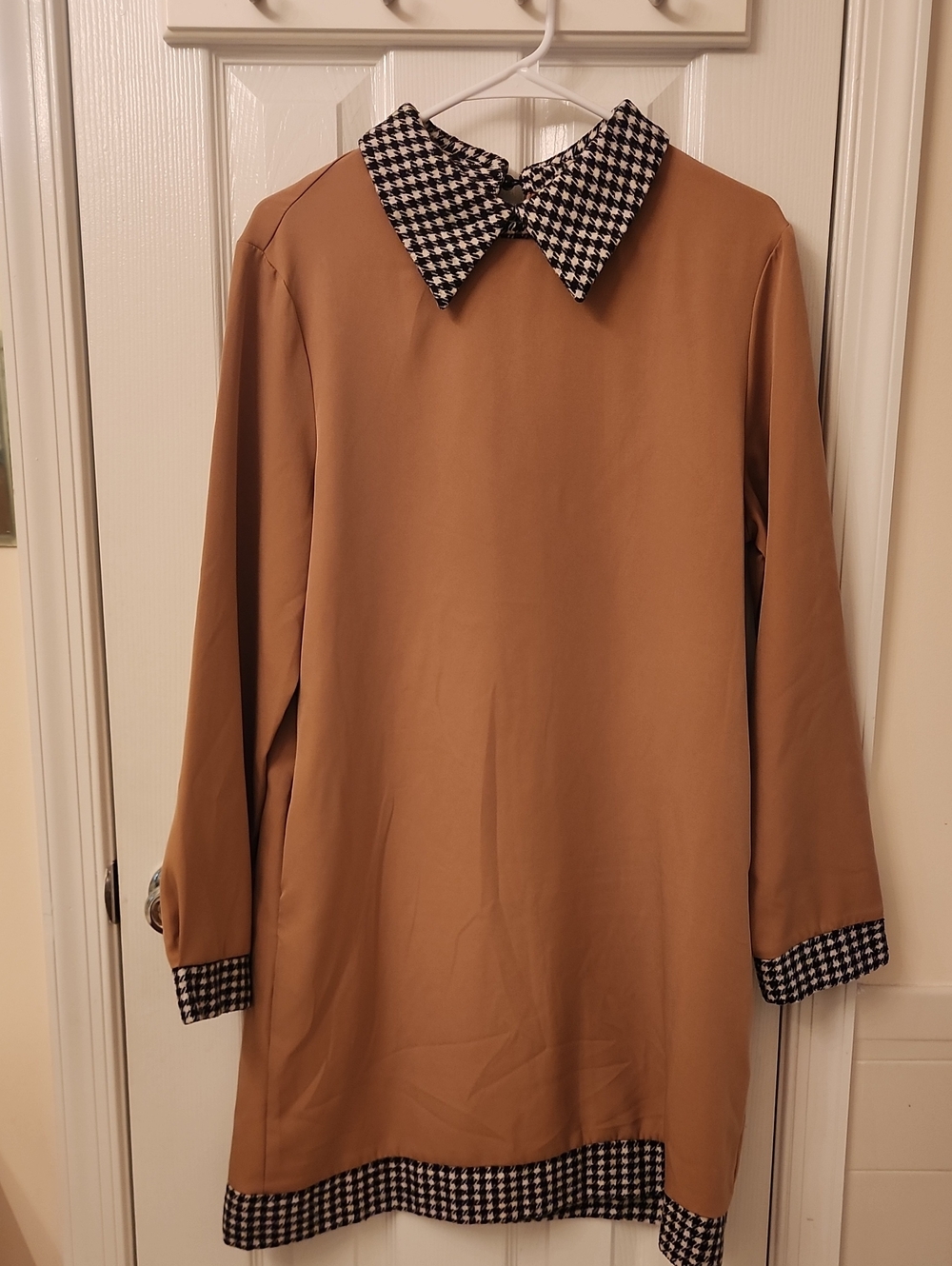 Tan Dress with Houndstooth Collar, Cuffs, And Hem.